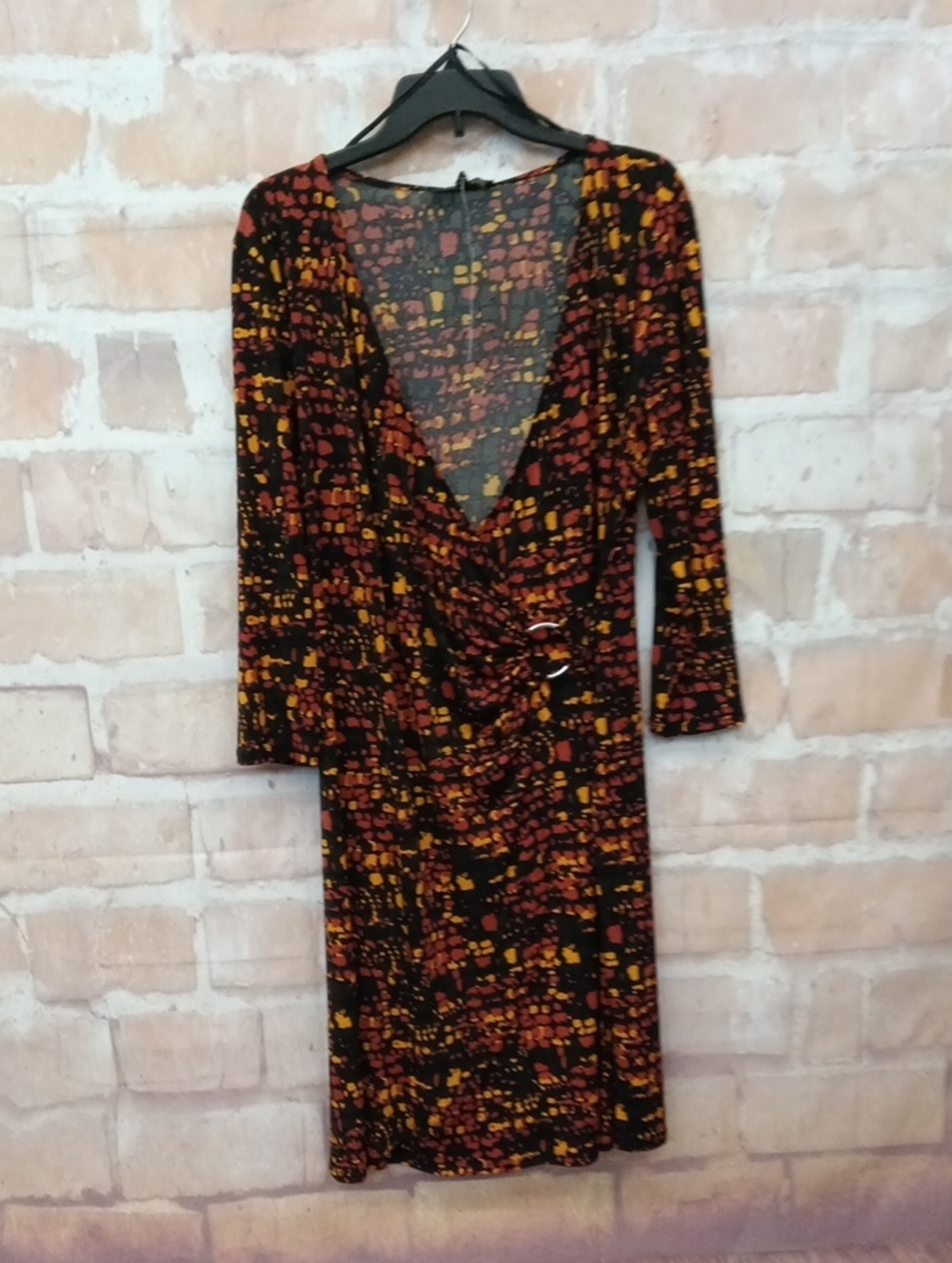Glamour Black Wrap Dress with Red and Yellow Abstract Print